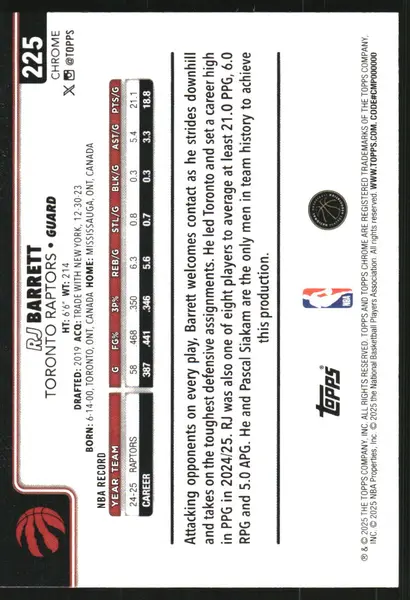 2025-26 Topps Chrome Purple Basketball Refractors #225 RJ Barrett /75