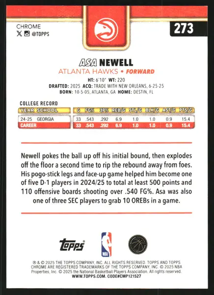 2025-26 Topps Chrome Gold Geometric Refractors #273 Asa Newell /50