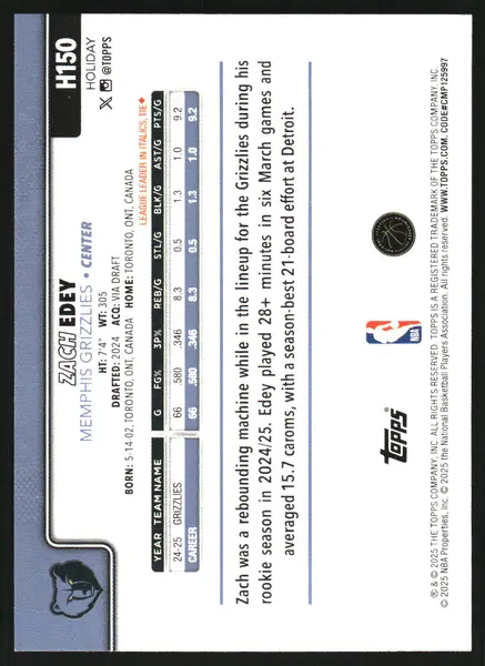 2025-26 Topps Holiday Blue Metallic Glitter Holiday #H150 Zach Edey