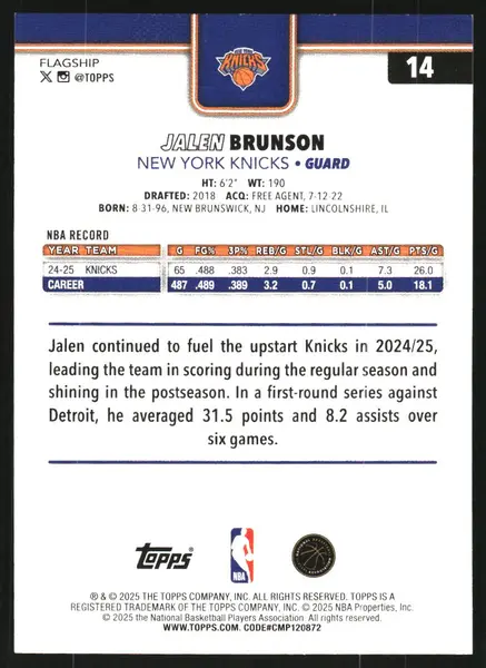2025-26 Topps Diamante #14 Jalen Brunson