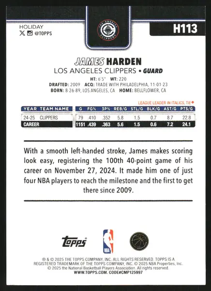 2025-26 Topps Holiday Plaid #H113 James Harden