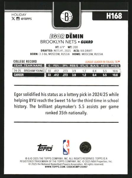 2025-26 Topps Holiday Blue Metallic Glitter Holiday #H168 Egor Demin