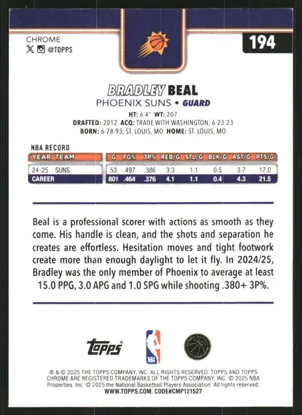2025-26 Topps Chrome Prism Refractors #194 Bradley Beal