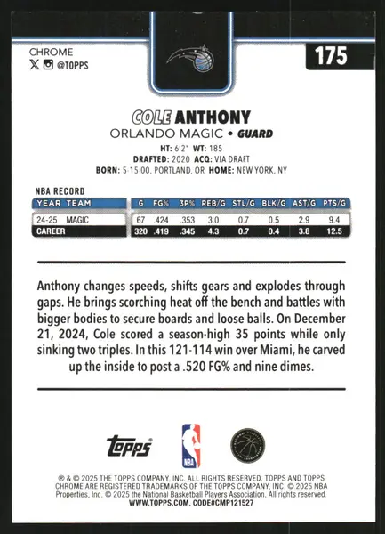 2025-26 Topps Chrome RayWave Orange Refractors #175 Cole Anthony /25