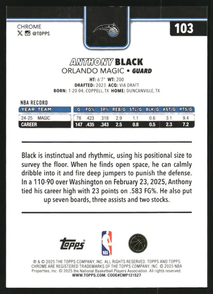 2025-26 Topps Chrome RayWave Refractors #103 Anthony Black