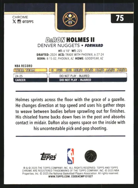 2025-26 Topps Chrome Green Wave Refractors #75 DaRon Holmes II /99