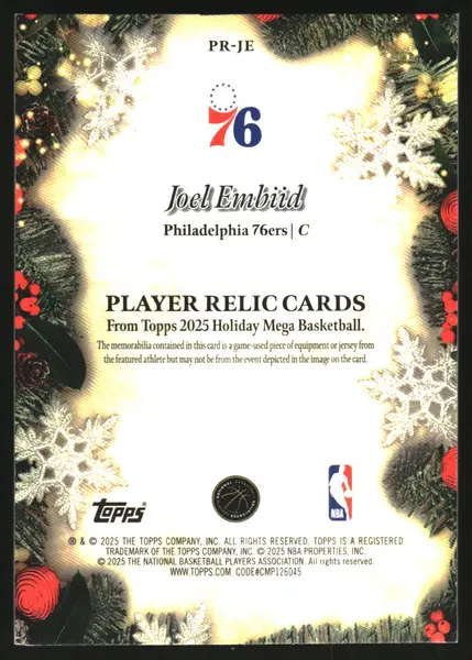 2025-26 Topps Holiday Relics Blue Metallic Glitter #PRJE Joel Embiid