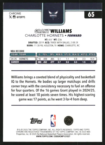 2025-26 Topps Chrome Red White and Blue Refractors #65 Grant Williams