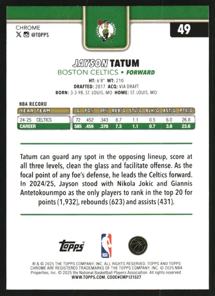 2025-26 Topps Chrome Pulsar Refractors #49 Jayson Tatum