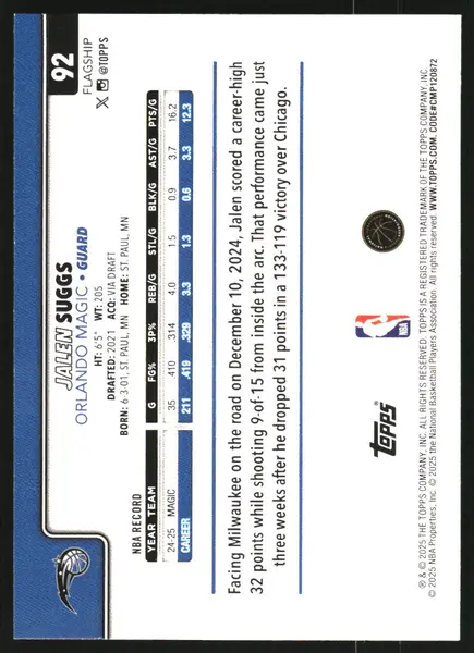 2025-26 Topps Purple Holo Foil #92 Jalen Suggs /250