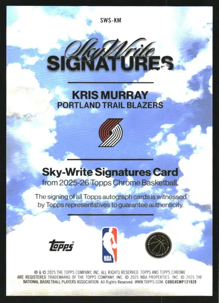 2025-26 Topps Chrome Sky Write Autographs Green Refractors #SWSKM Kris Murray Auto /99