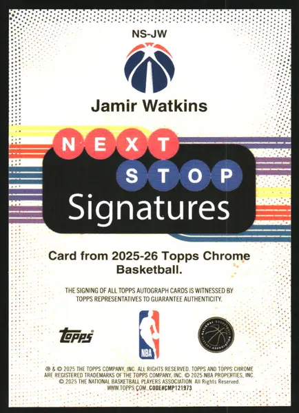 2025-26 Topps Chrome Next Stop Signatures Green Refractors #NSJW Jamir Watkins Auto /99