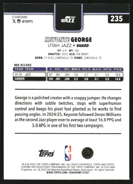 2025-26 Topps Chrome Sapphire #235 Keyonte George