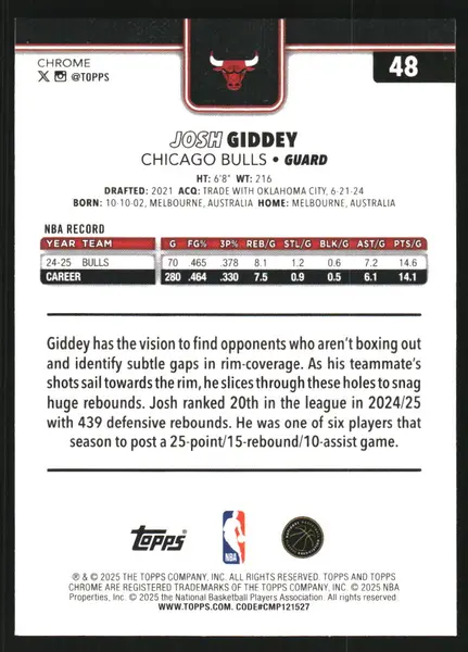 2025-26 Topps Chrome Green Wave Refractors #48 Josh Giddey /99