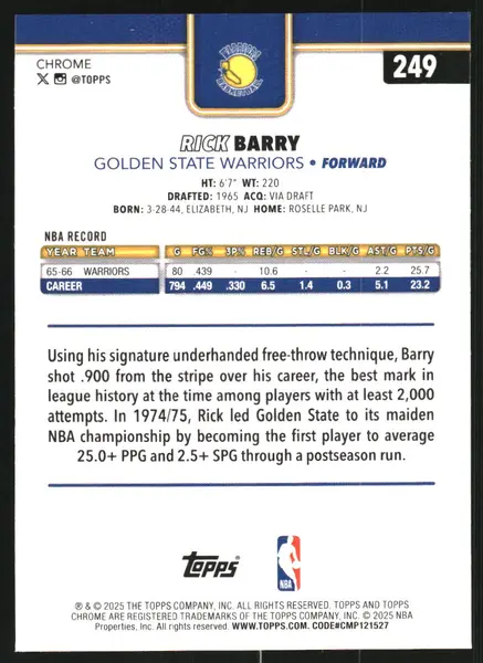 2025-26 Topps Chrome RayWave Purple Refractors #249 Rick Barry /75