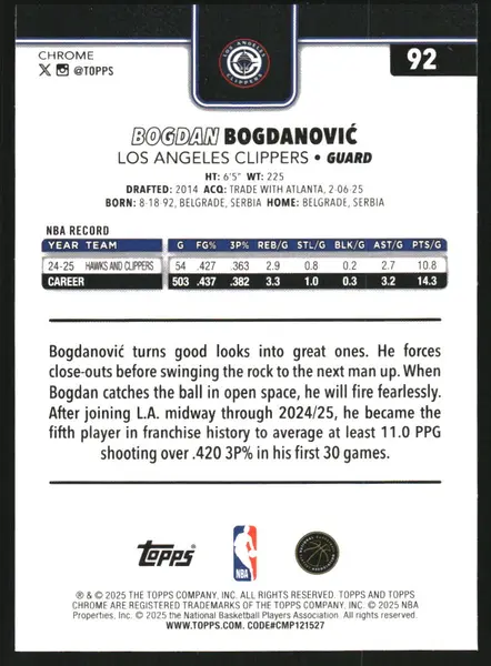 2025-26 Topps Chrome Green Wave Refractors #92 Bogdan Bogdanovic /99