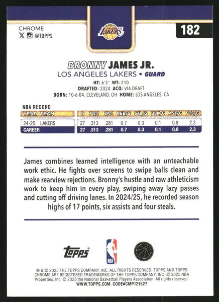 2025-26 Topps Chrome Green Wave Refractors #182 Bronny James Jr. /99