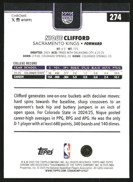 2025-26 Topps Chrome Wave Refractors #274 Nique Clifford