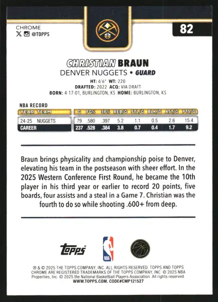 2025-26 Topps Chrome Green Wave Refractors #82 Christian Braun /99