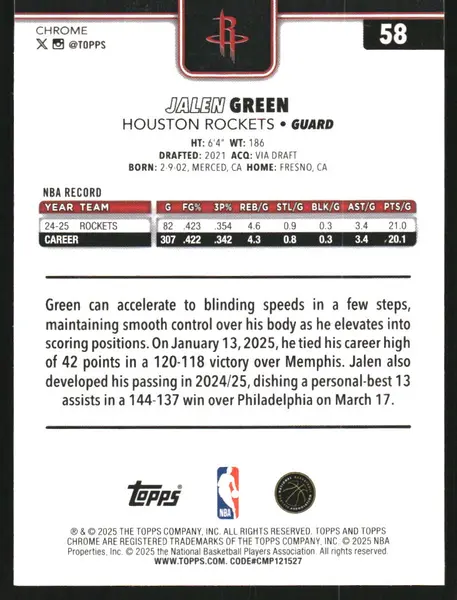 2025-26 Topps Chrome Yellow Basketball Refractors #58 Jalen Green /275