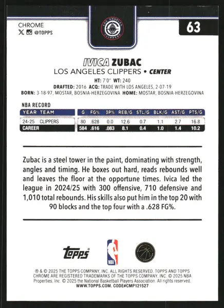 2025-26 Topps Chrome Gold Wave Refractors #63 Ivica Zubac /50