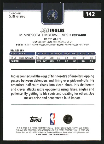 2025-26 Topps Chrome RayWave Yellow Refractors #142 Joe Ingles /275