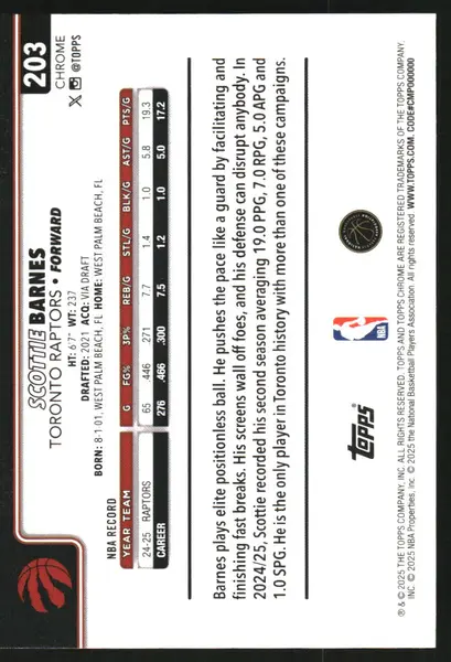 2025-26 Topps Chrome Blue Wave Refractors #203 Scottie Barnes /150