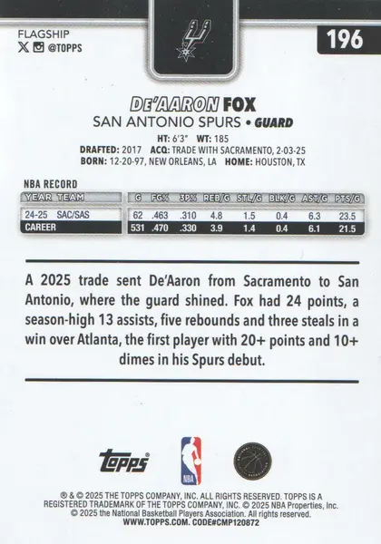 2025-26 Topps Season Tip Off #196 De'Aaron Fox
