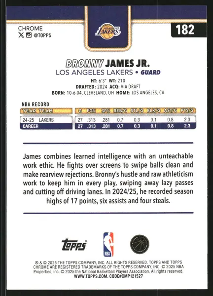 2025-26 Topps Chrome Blue Refractors #182 Bronny James Jr. /150