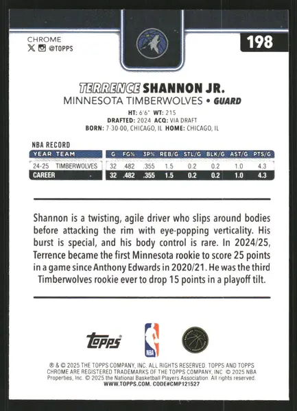 2025-26 Topps Chrome Prism Refractors #198 Terrence Shannon Jr.