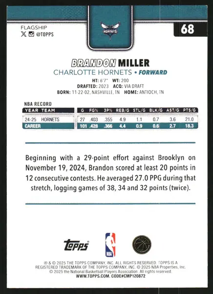 2025-26 Topps Purple Holo Foil #68 Brandon Miller /250