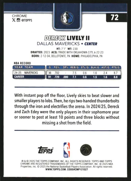 2025-26 Topps Chrome Sapphire #72 Dereck Lively II
