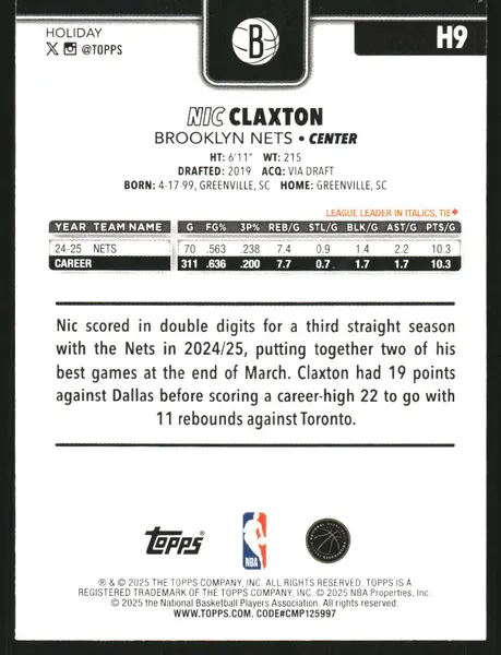 2025-26 Topps Holiday Glitter Holiday #H9 Nic Claxton