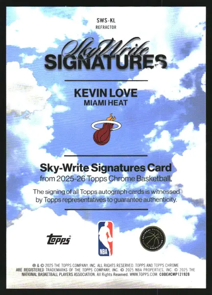 2025-26 Topps Chrome Sky Write Autographs Refractors #SWSKL Kevin Love Auto