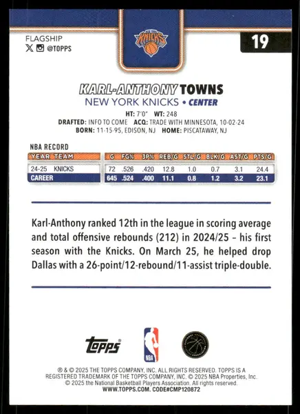 2025-26 Topps Victory #19 Karl-Anthony Towns