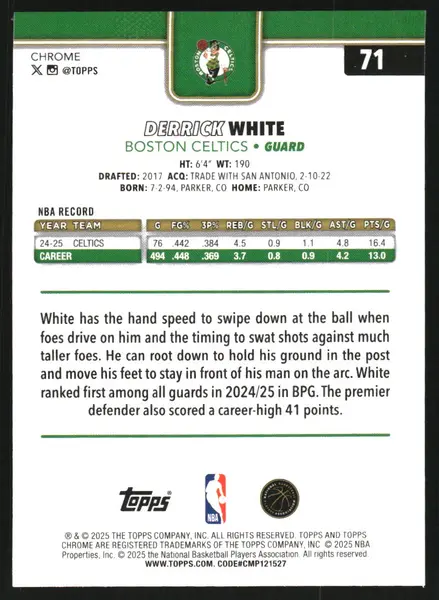 2025-26 Topps Chrome Green Wave Refractors #71 Derrick White /99
