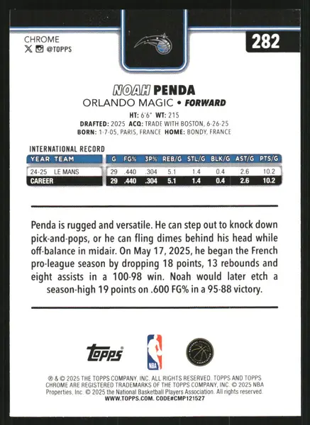 2025-26 Topps Chrome RayWave Yellow Refractors #282 Noah Penda /275