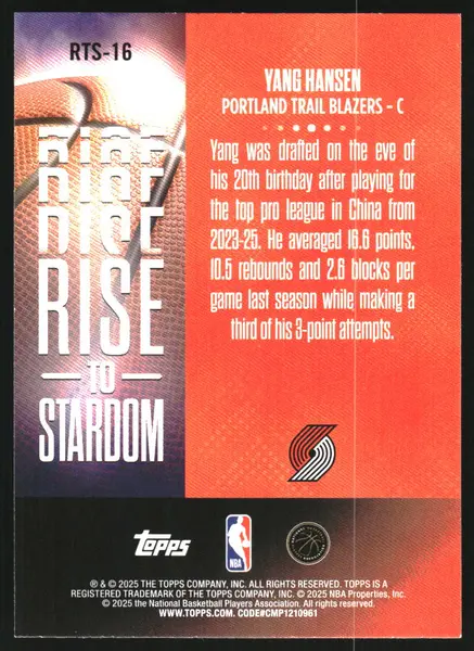 2025-26 Topps Rise to Stardom Blue Rainbow #RTS16 Yang Hansen
