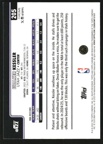 2025-26 Topps Chrome Sapphire #205 Walker Kessler