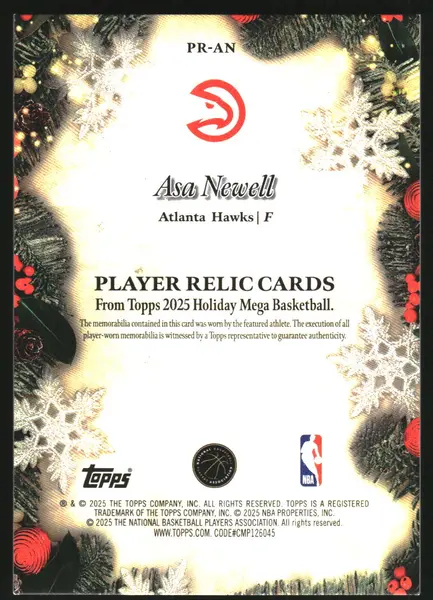 2025-26 Topps Holiday Relics Blue Metallic Glitter #PRAN Asa Newell