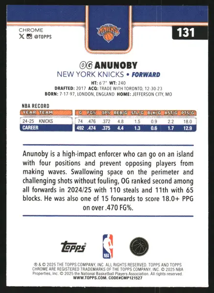 2025-26 Topps Chrome Prism Refractors #131 OG Anunoby