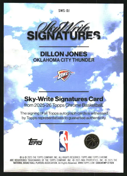 2025-26 Topps Chrome Sky Write Autographs Blue Refractors #SWSDJ Dillon Jones Auto /150