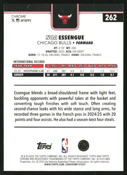 2025-26 Topps Chrome Basketball Refractors #262 Noa Essengue