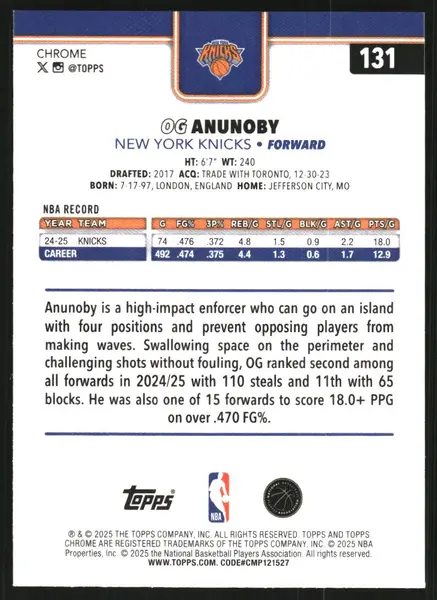 2025-26 Topps Chrome Red White and Blue Refractors #131 OG Anunoby