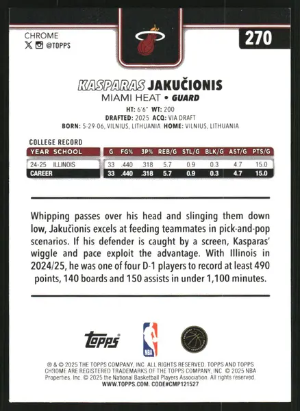 2025-26 Topps Chrome RayWave Yellow Refractors #270 Kasparas Jakucionis /275
