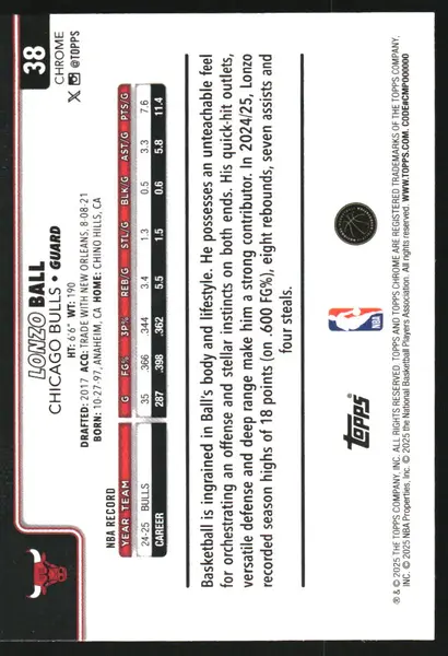 2025-26 Topps Chrome Green Basketball Refractors #38 Lonzo Ball /99