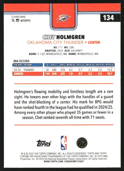 2025-26 Topps Chrome Sapphire #134 Chet Holmgren