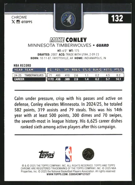 2025-26 Topps Chrome Pulsar Purple Refractors #132 Mike Conley /75
