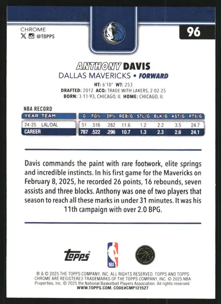 2025-26 Topps Chrome Red White and Blue Refractors #96 Anthony Davis