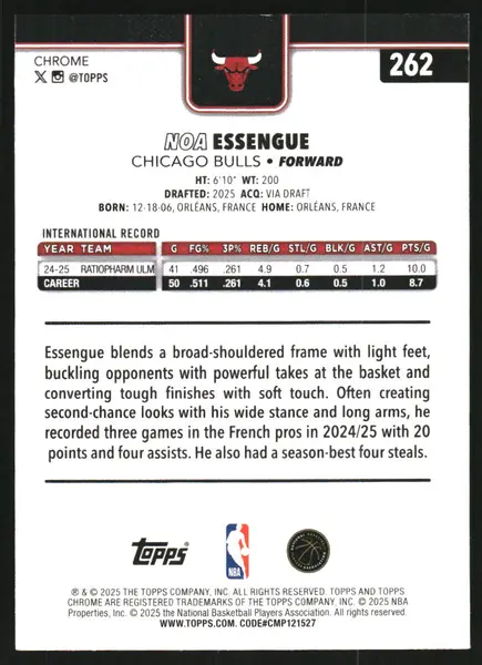 2025-26 Topps Chrome Yellow Refractors #262 Noa Essengue /275